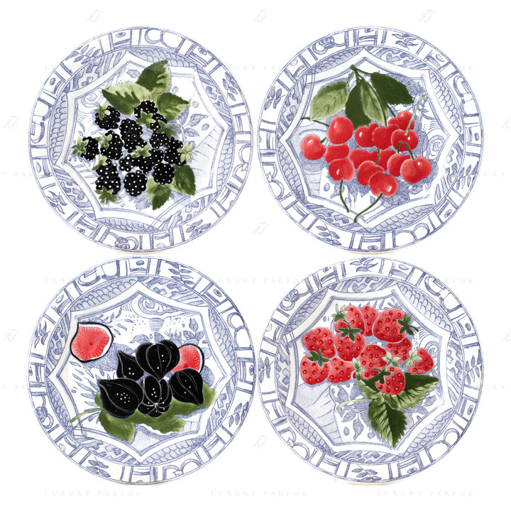 Тарелка закусочная 22см, 4шт. коллекции Oiseau Bleu Fruits бренда Gien