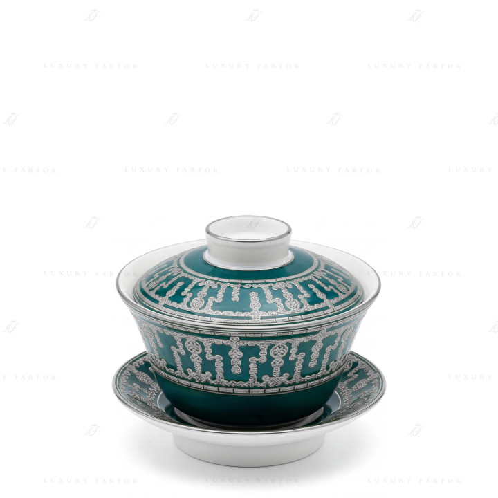Чашка чайная с блюдцем и крышкой 0,13л коллекции Tiara Bleu Paon Platin бренда Haviland